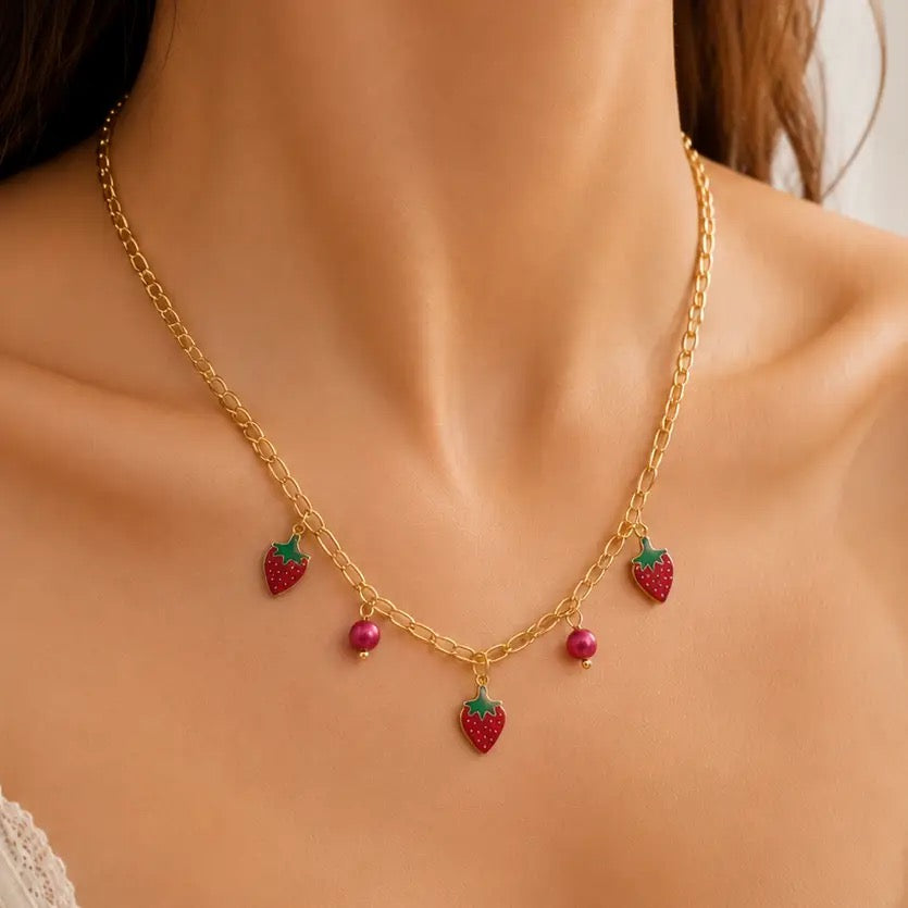 Strawberry Charm Chain Necklace with Pink Bead Accents