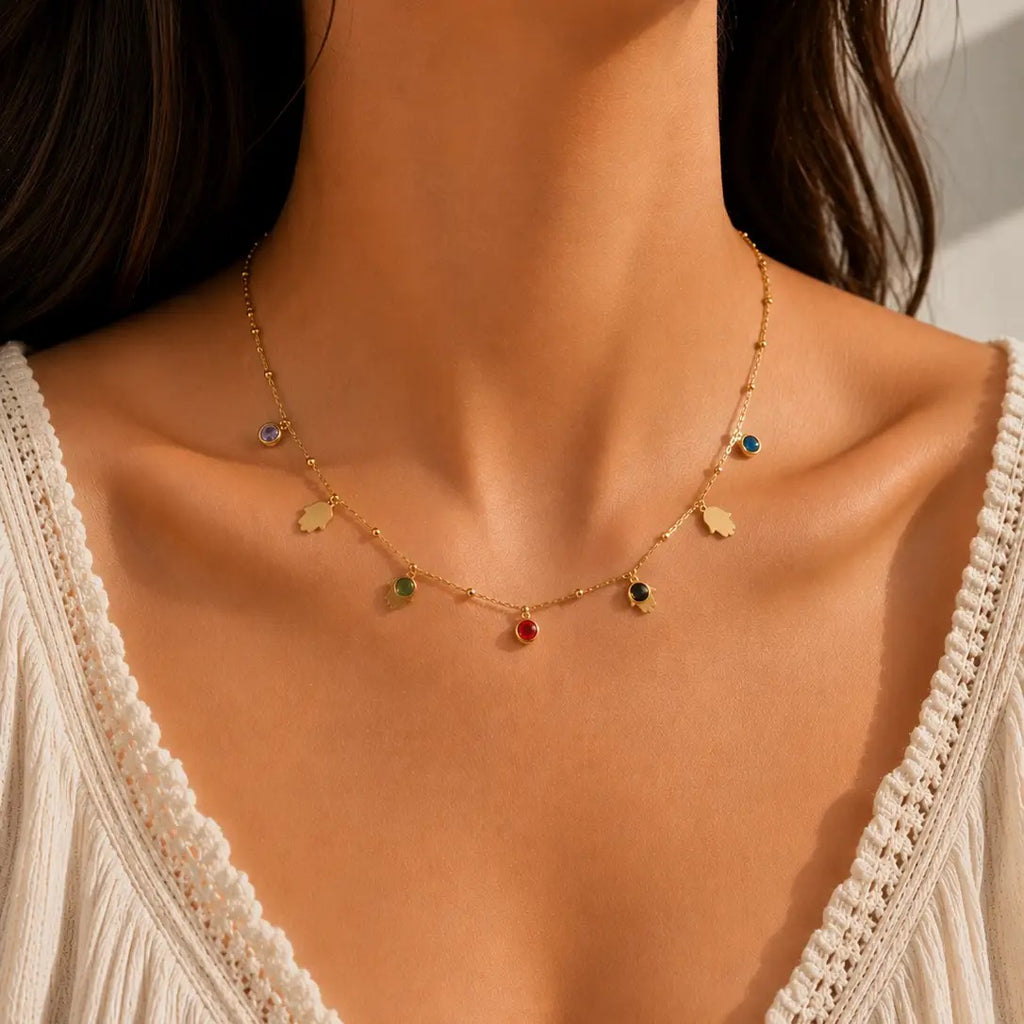 Hamsa & Multicolor Charm Necklace – Stainless Steel