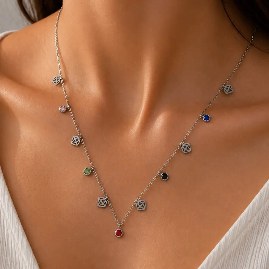 Dimond Shaped & Multicolor Charm Necklace – Stainless Steel