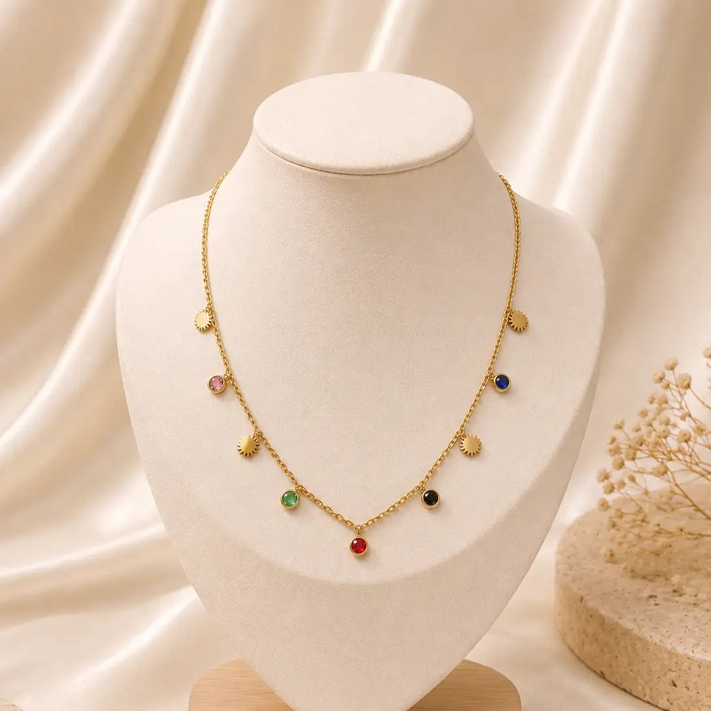 Sunburst & Multicolor Charm Necklace – Stainless Steel