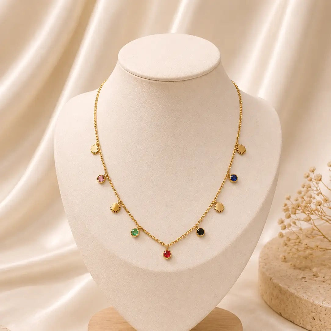Sunburst & Multicolor Charm Necklace – Stainless Steel