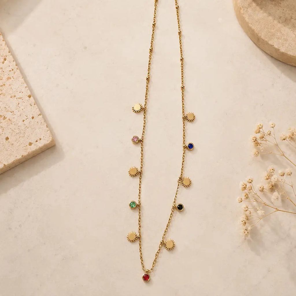 Sunburst & Multicolor Charm Necklace – Stainless Steel