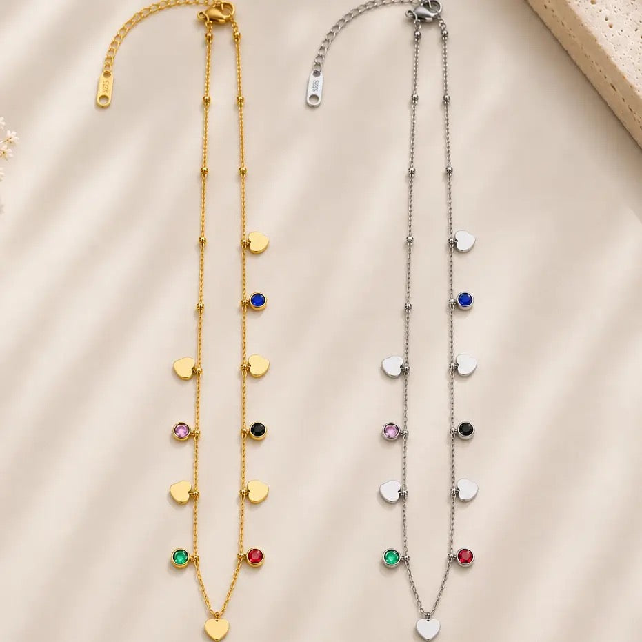 Heart & Multicolor Charm Necklace – Stainless Steel  