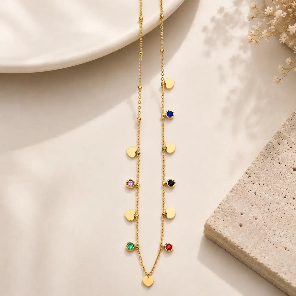 Heart & Multicolor Charm Necklace – Stainless Steel  