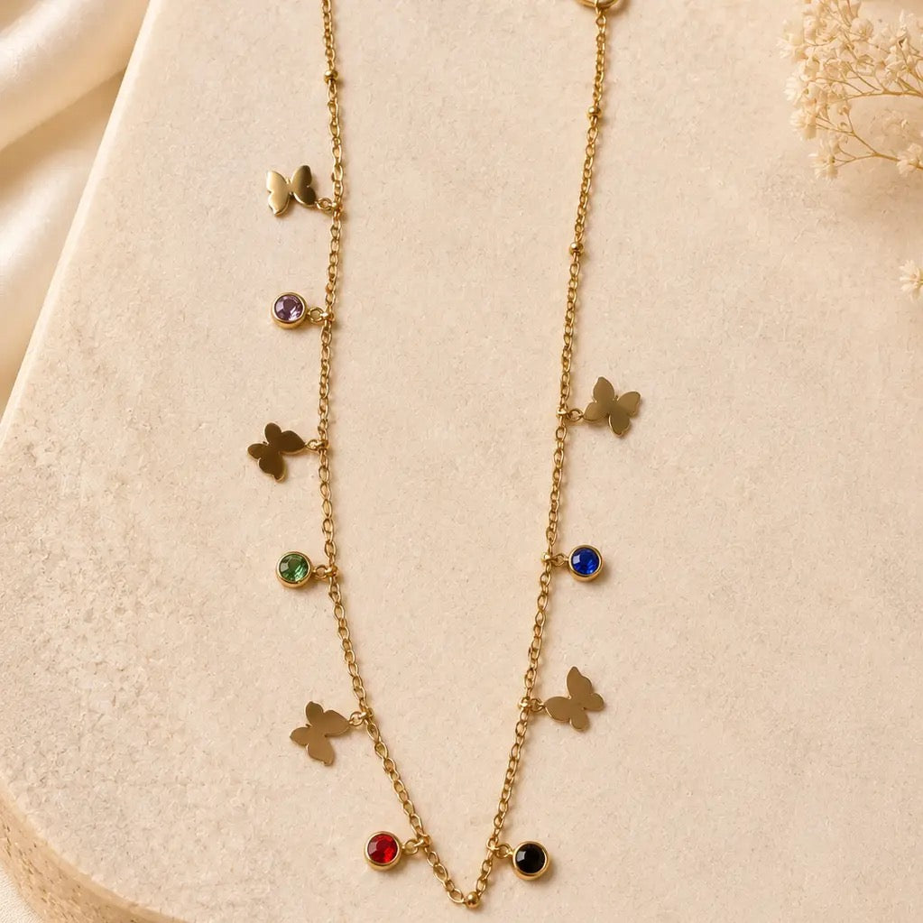 Butterfly & Multicolor Charm Necklace – Stainless Steel 