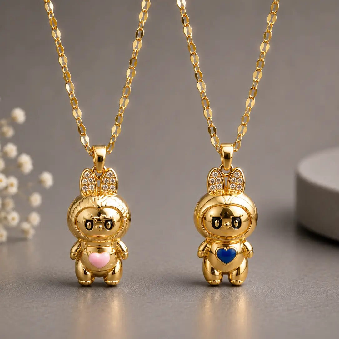 Heart Bunny Pendant Necklace - Gold Tone Stainless Steel 