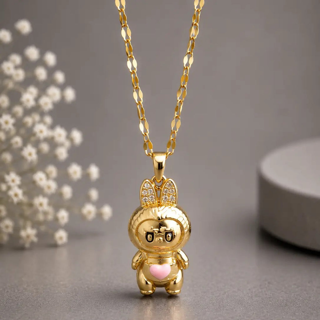Heart Bunny Pendant Necklace - Gold Tone Stainless Steel 