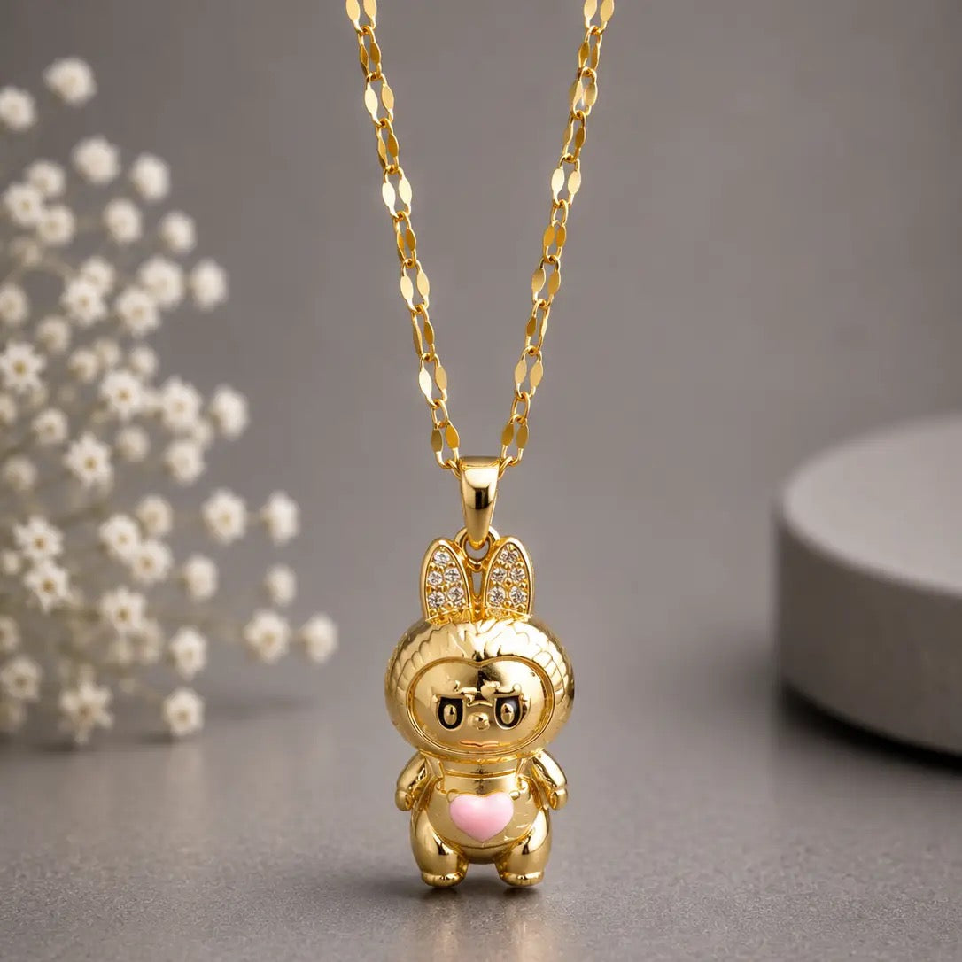 Heart Bunny Pendant Necklace - Gold Tone Stainless Steel 