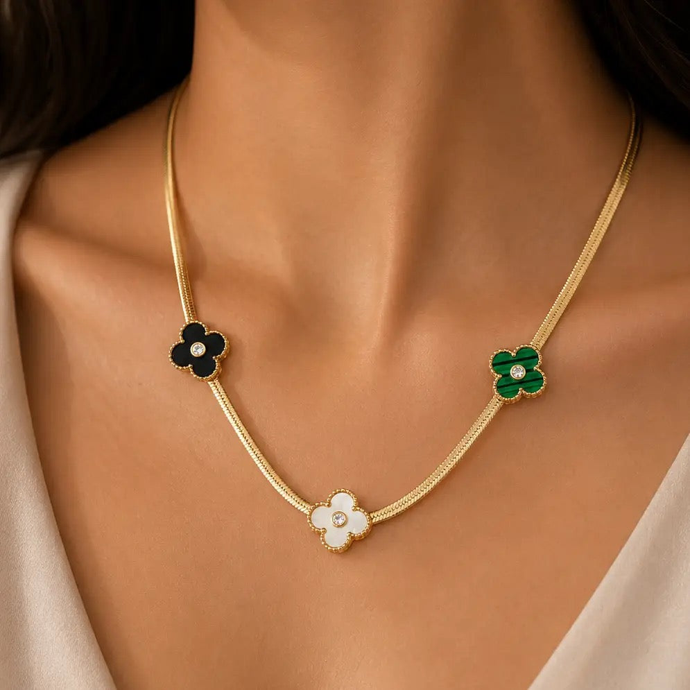 Multi–Color Clover Snake Chain Necklace – Gold Plated