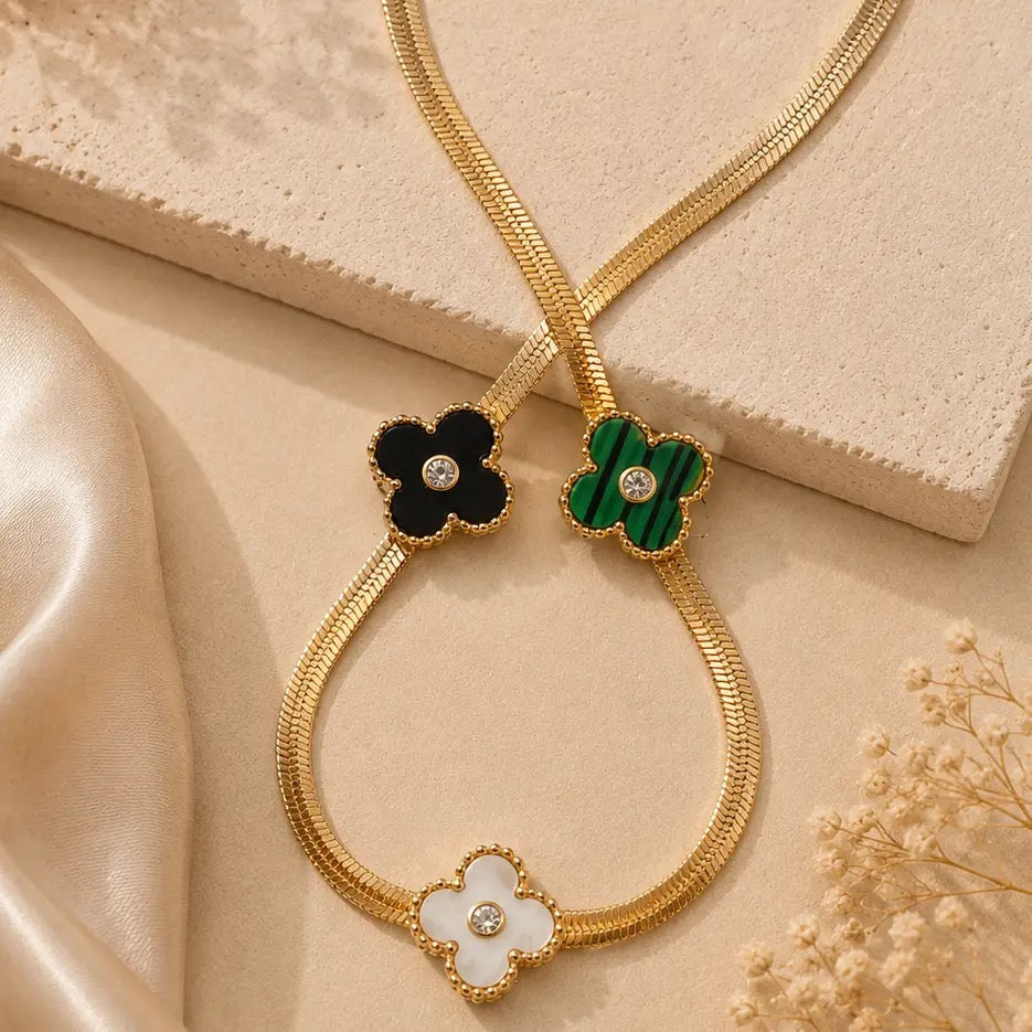Multi–Color Clover Snake Chain Necklace – Gold Plated
