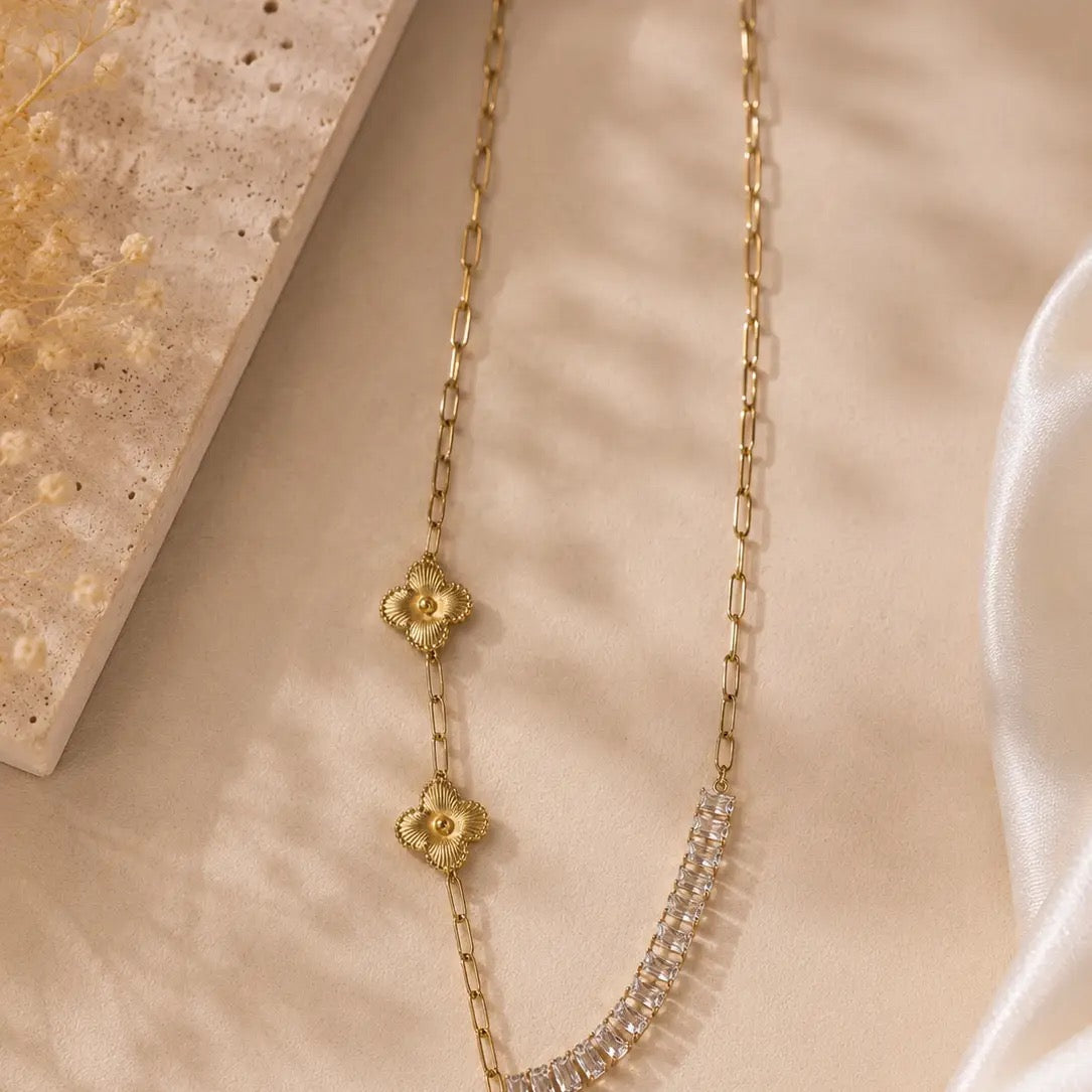 Asymmetrical Clover Crystal Paperclip Necklace – Gold Tone