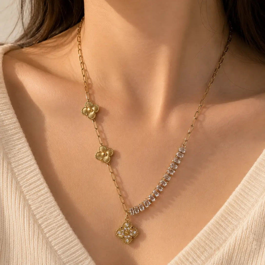 Asymmetrical Clover Crystal Paperclip Necklace – Gold Tone