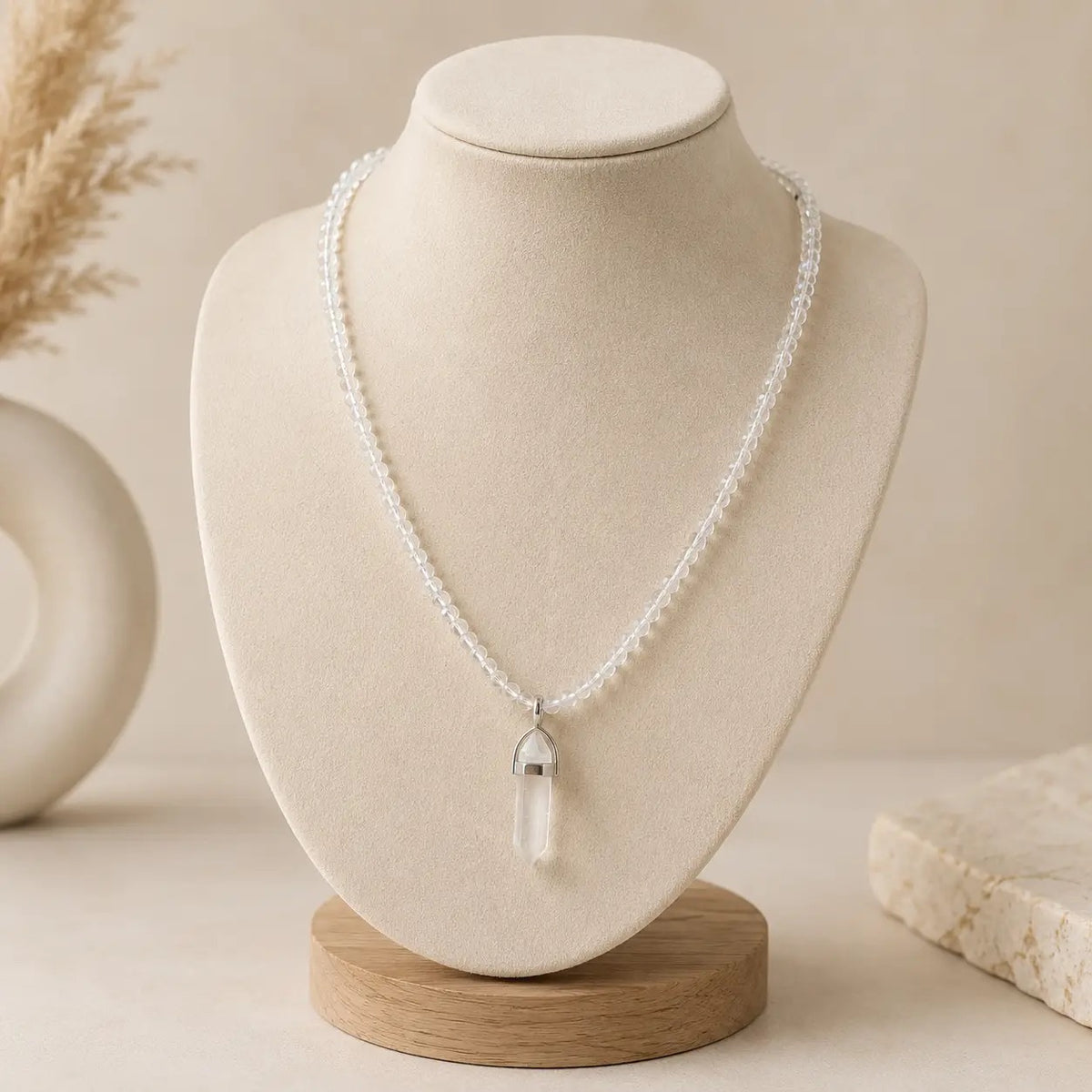Clear Quartz Point Pendant Beaded Necklace
