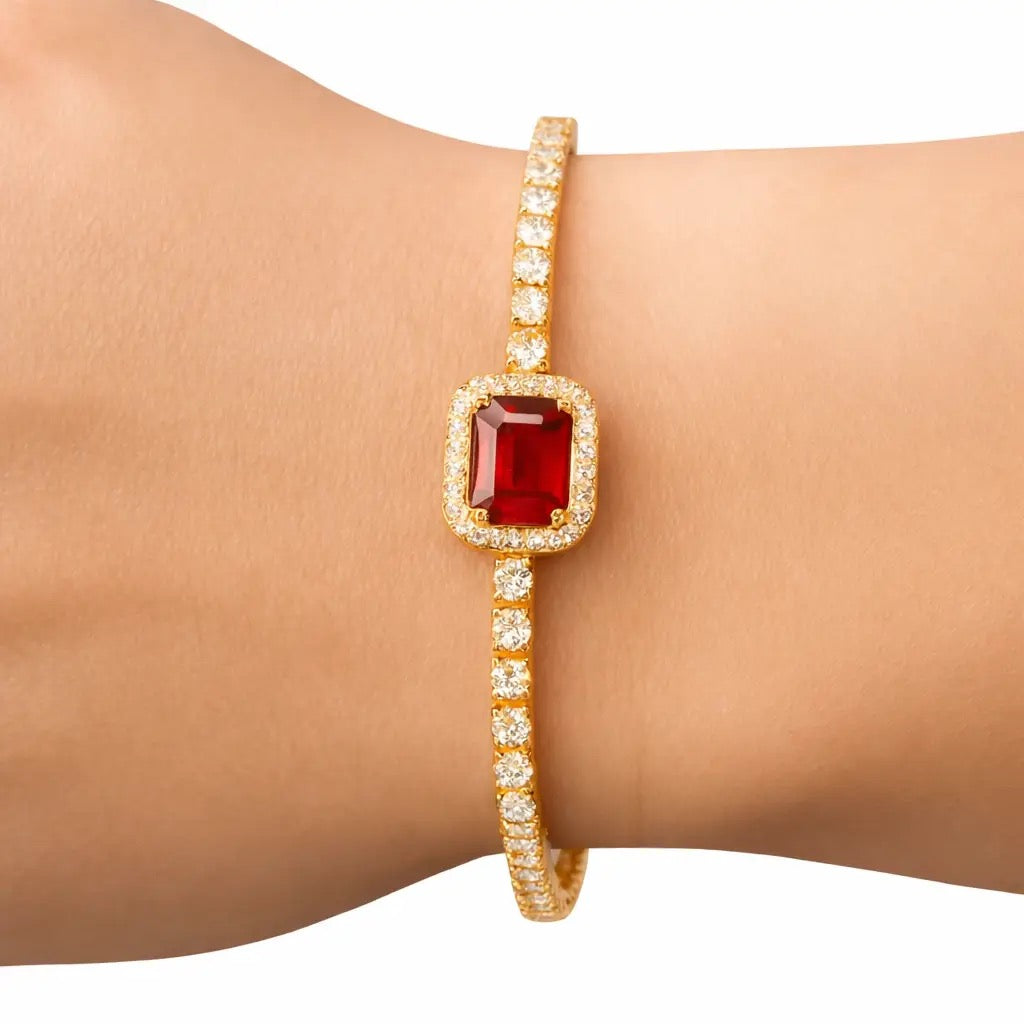 Emerald-Cut Red Crystal Gold&Silver  Plated Tennis Bracelet
