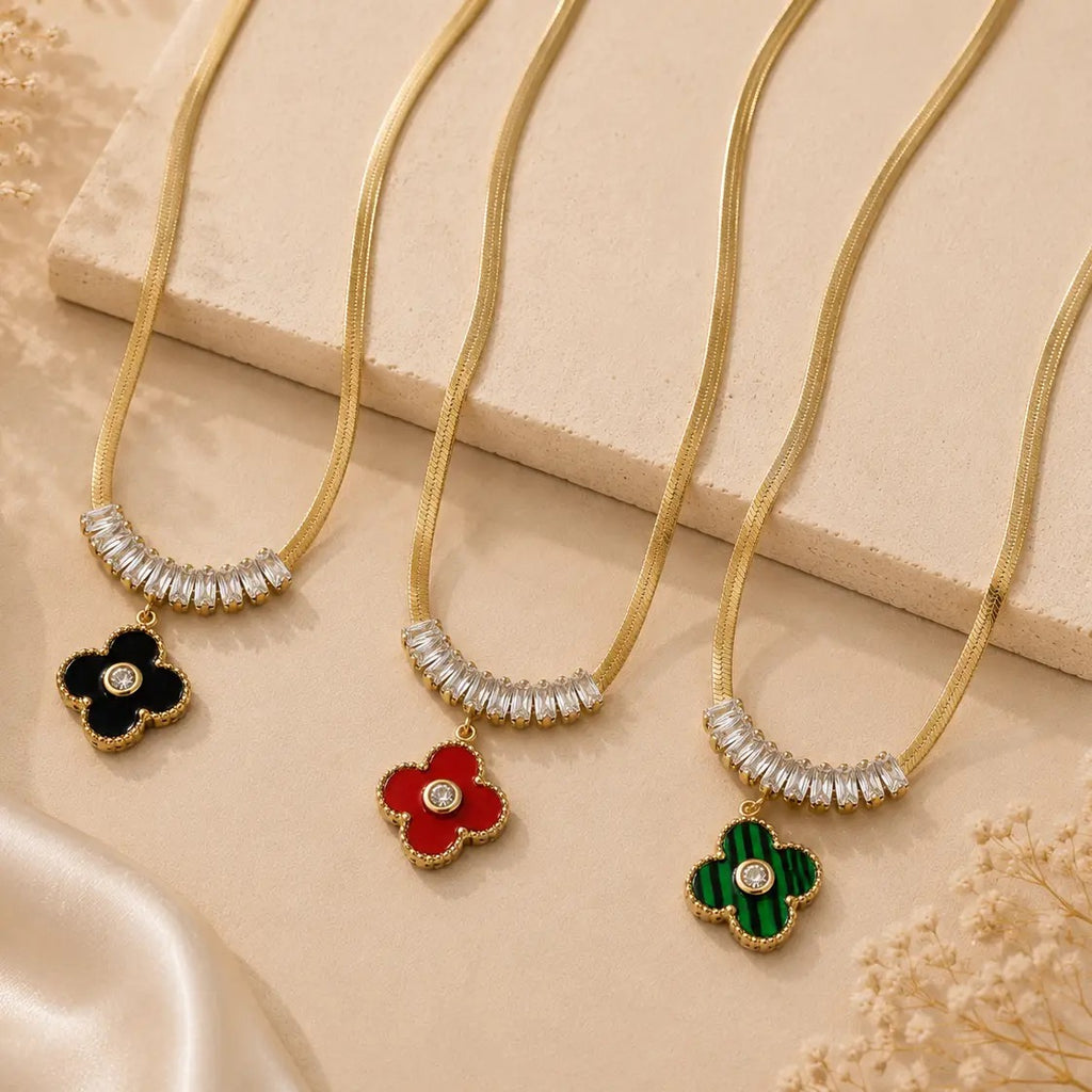 Crystal Clover Snake Chain Necklace – Gold Plated