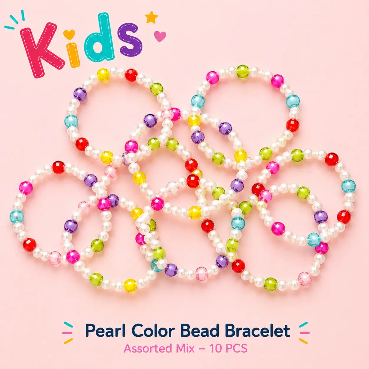 Kids Pearl Color Bead Bracelet Set of 10 – Assorted Mix