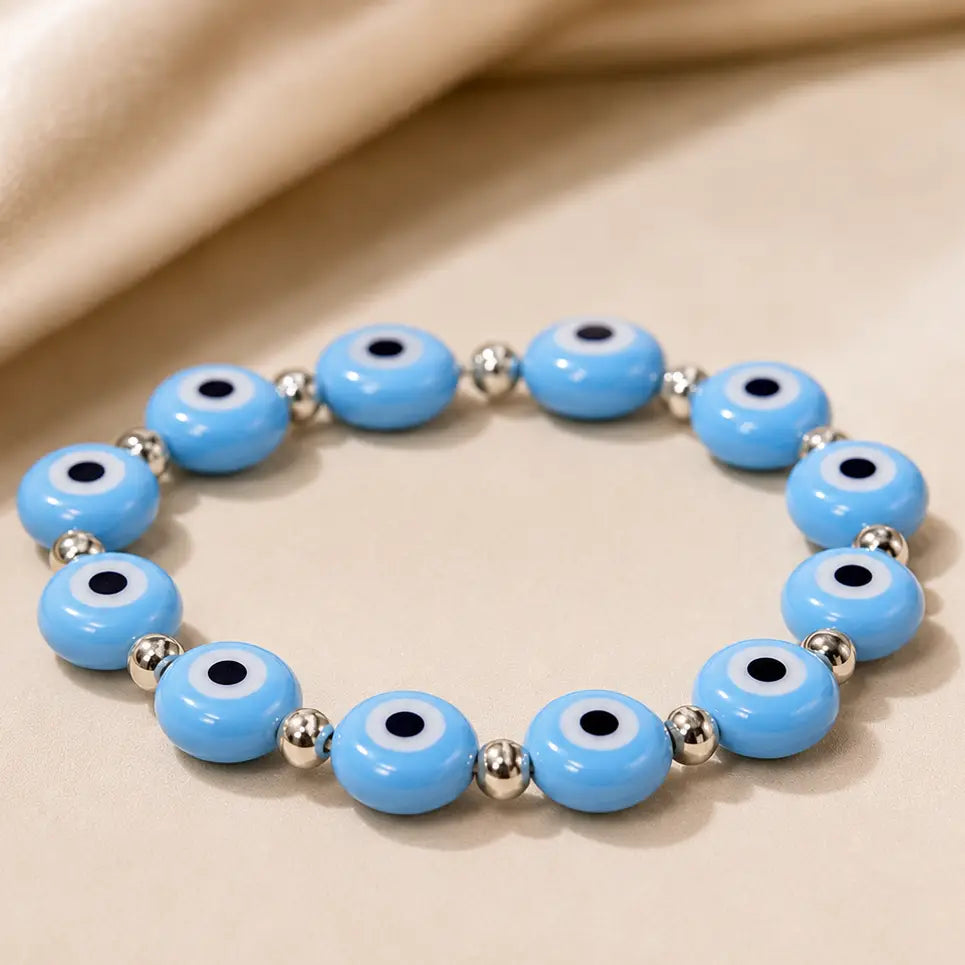 Evil Eye Flat Stone Stretch Bracelet – Assorted Colors