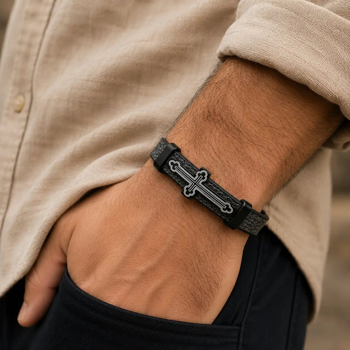 Men’s Cross Leather Bracelet – Black & Silver