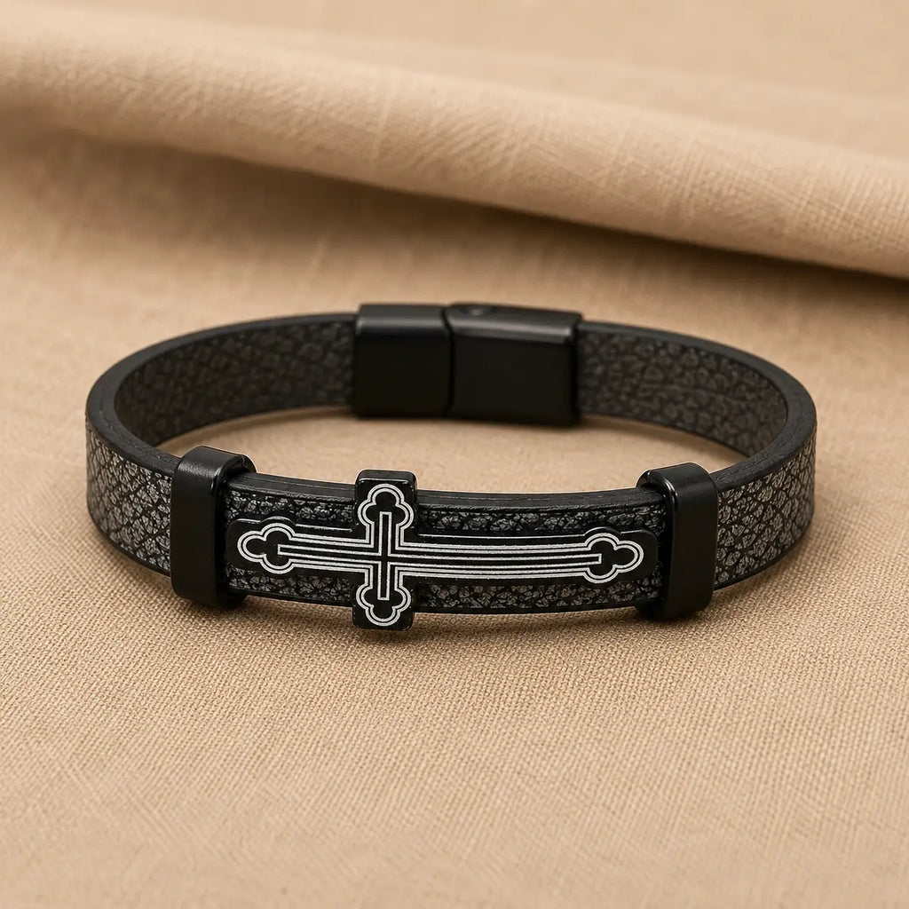 Men’s Cross Leather Bracelet – Black & Silver