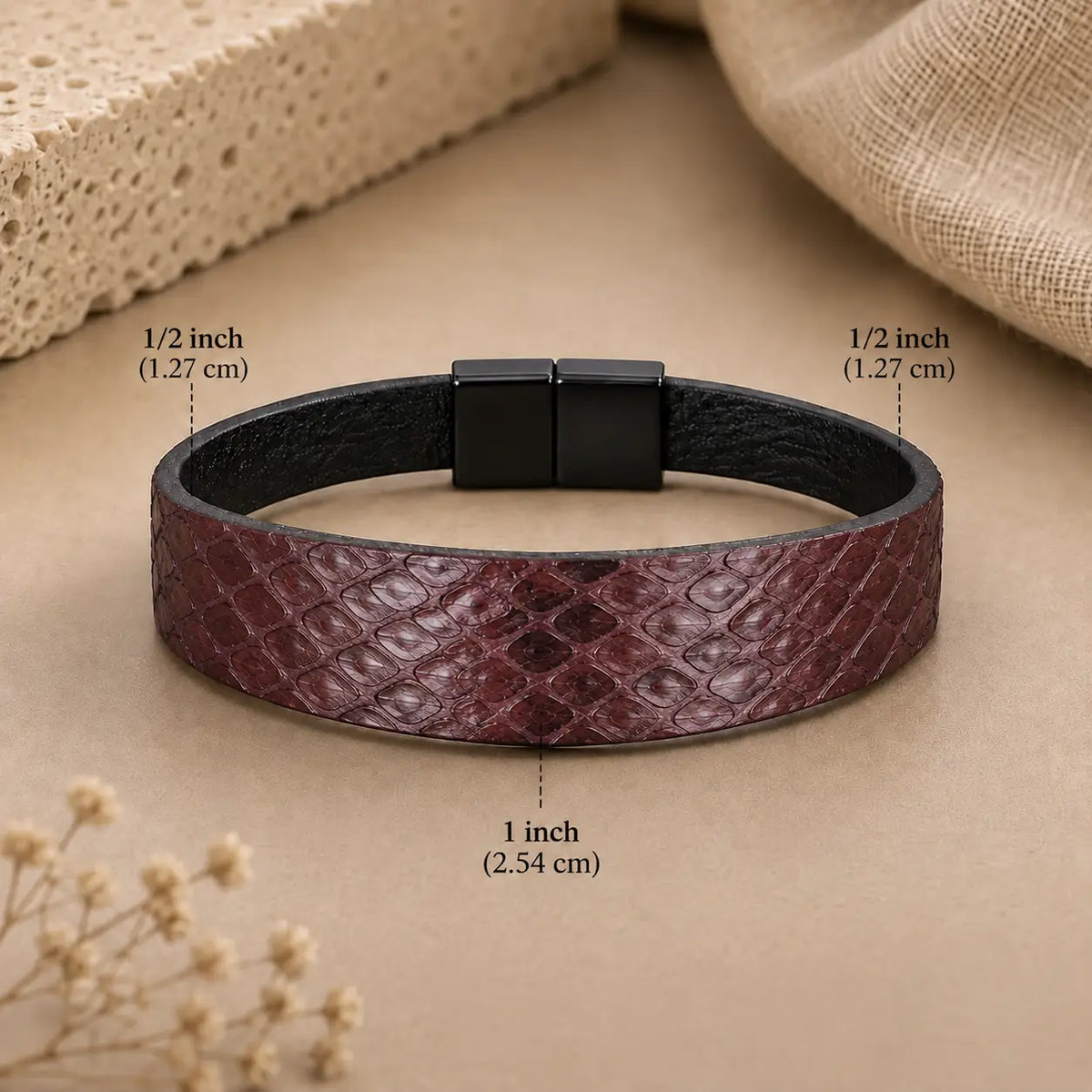 Genuine Snakeskin Tapered 1" Bracelet – Magnetic Clasp