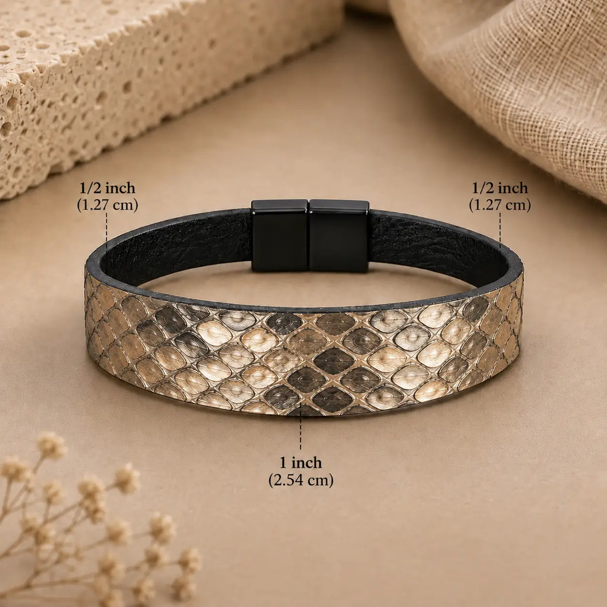 Genuine Snakeskin Tapered 1" Bracelet – Magnetic Clasp