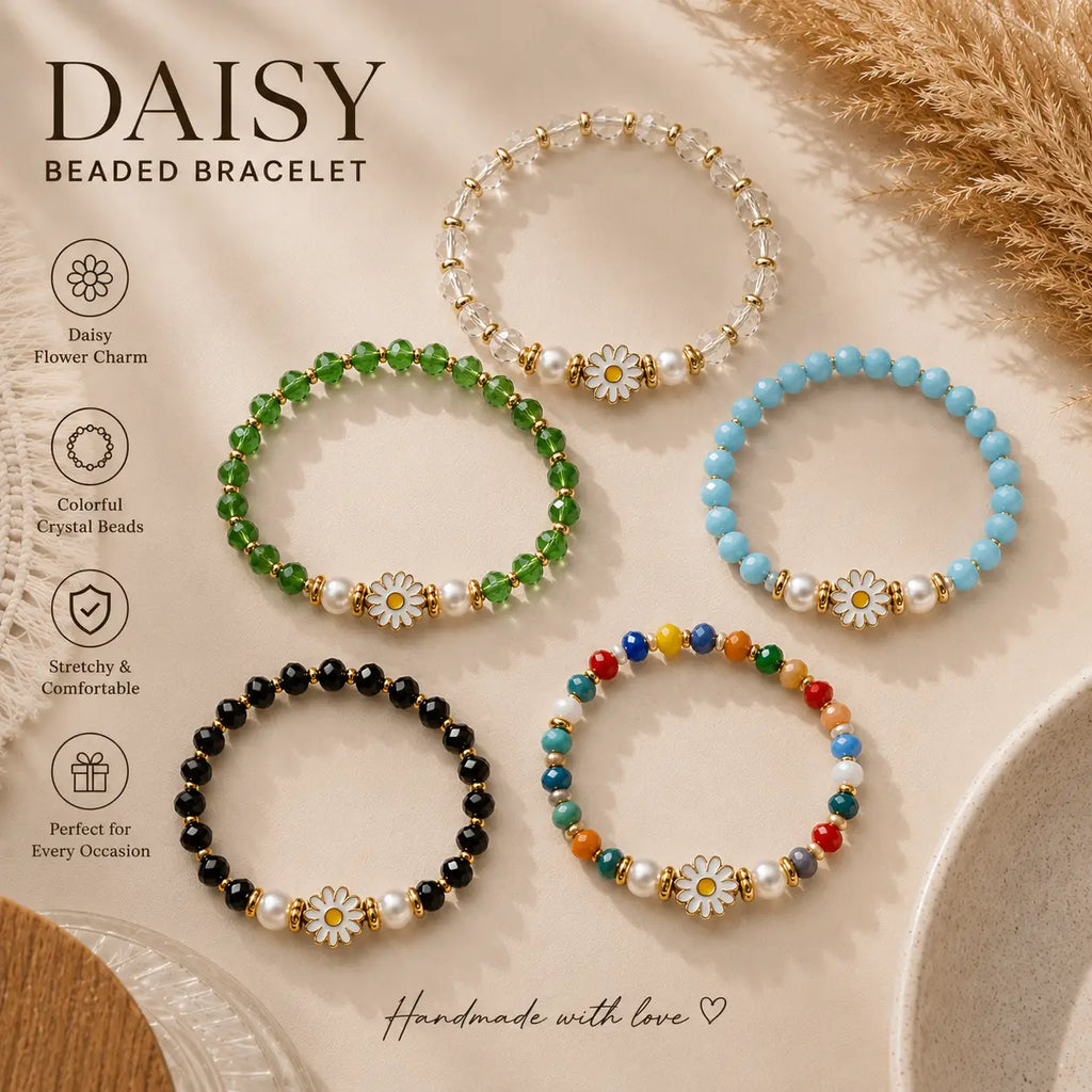Stretchy Bracelet Set of 7 - Crystal Flower Charm 
