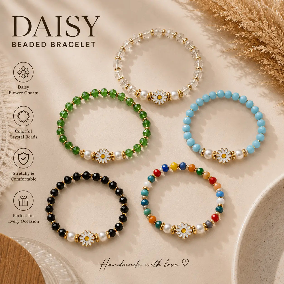 Stretchy Bracelet Set of 7 - Crystal Flower Charm 
