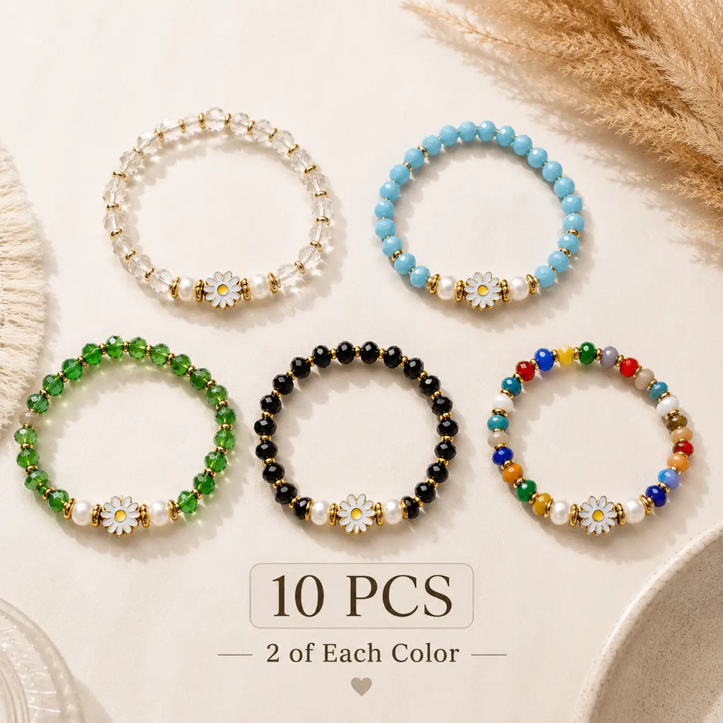 Stretchy Bracelet Set of 7 - Crystal Flower Charm 