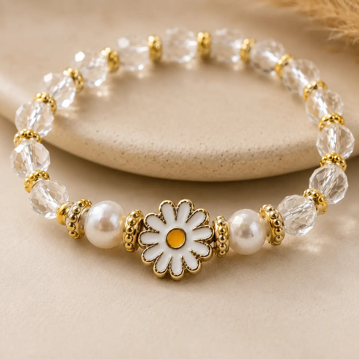 Stretchy Bracelet Set of 7 - Crystal Flower Charm 