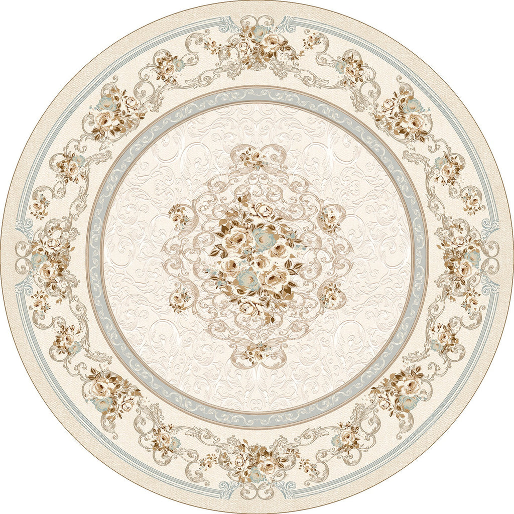 Round Blue Design Lateks Water Resistant Washable Tassel Area Rug