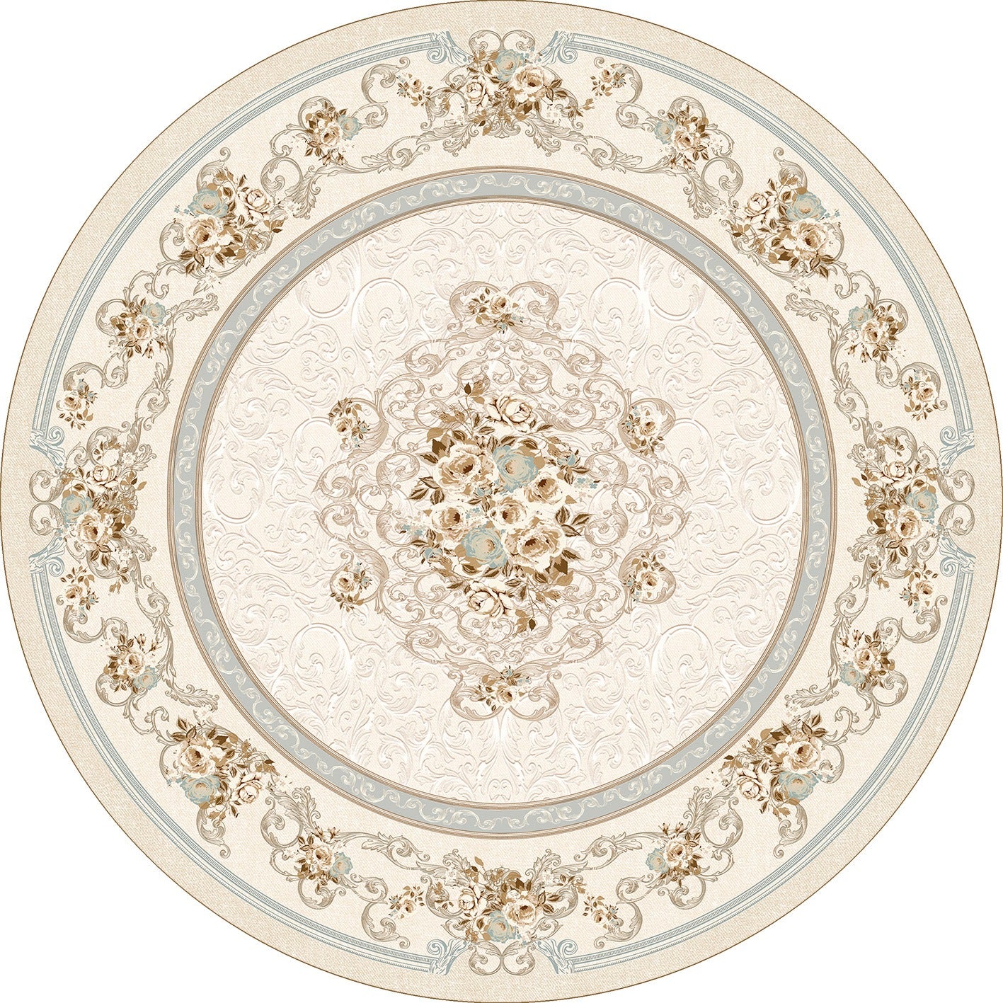 Round Blue Design Lateks Water Resistant Washable Tassel Area Rug