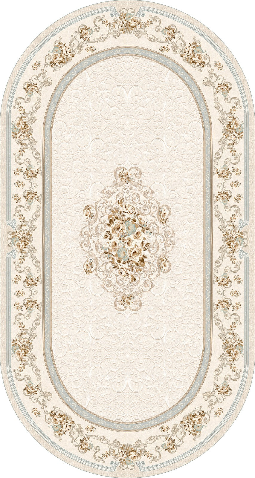 Oval Blue Design Lateks Water Resistant Washable Tassel Area Rug