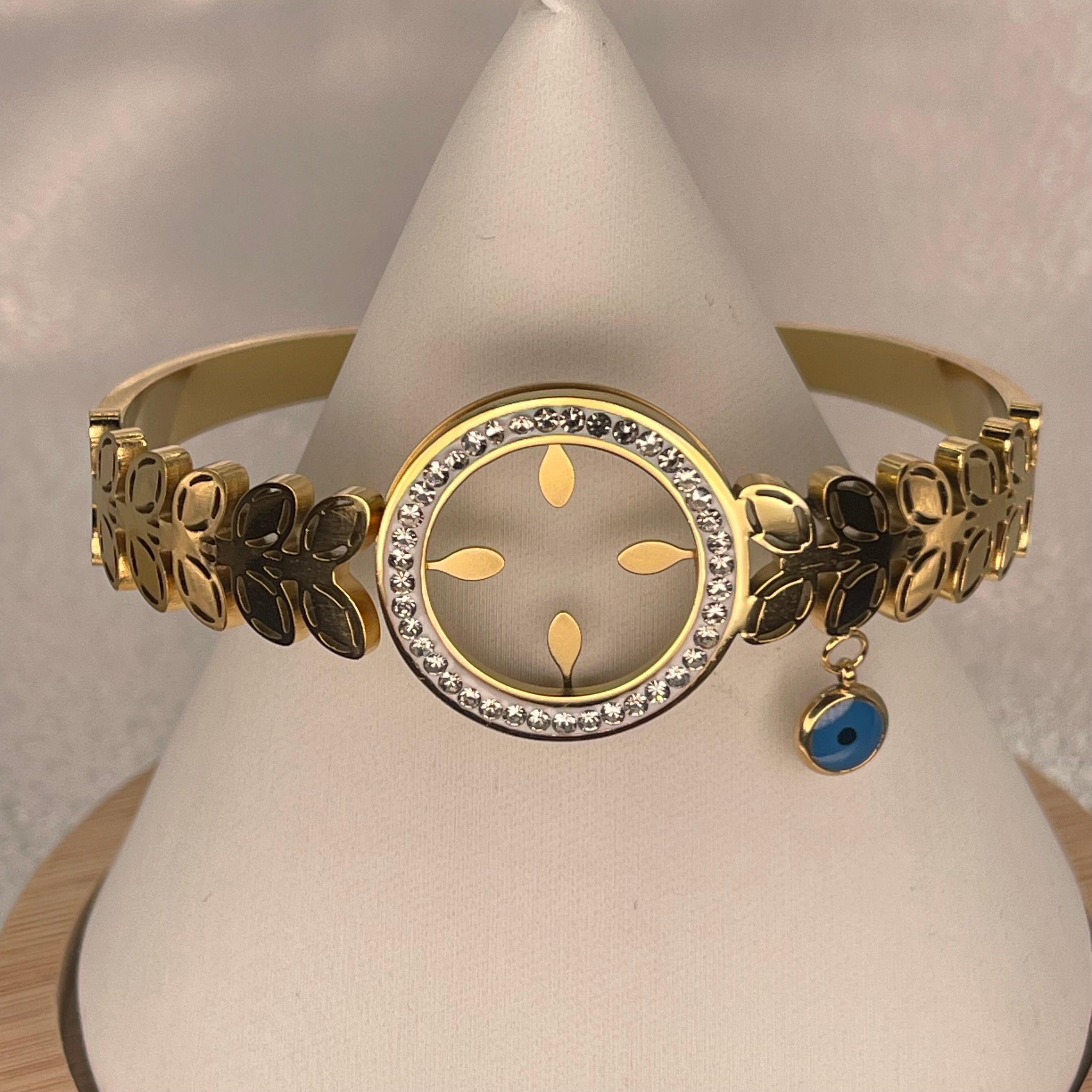 Stainless Steel Gold Bracelet – Leaf & Eye Charm Design