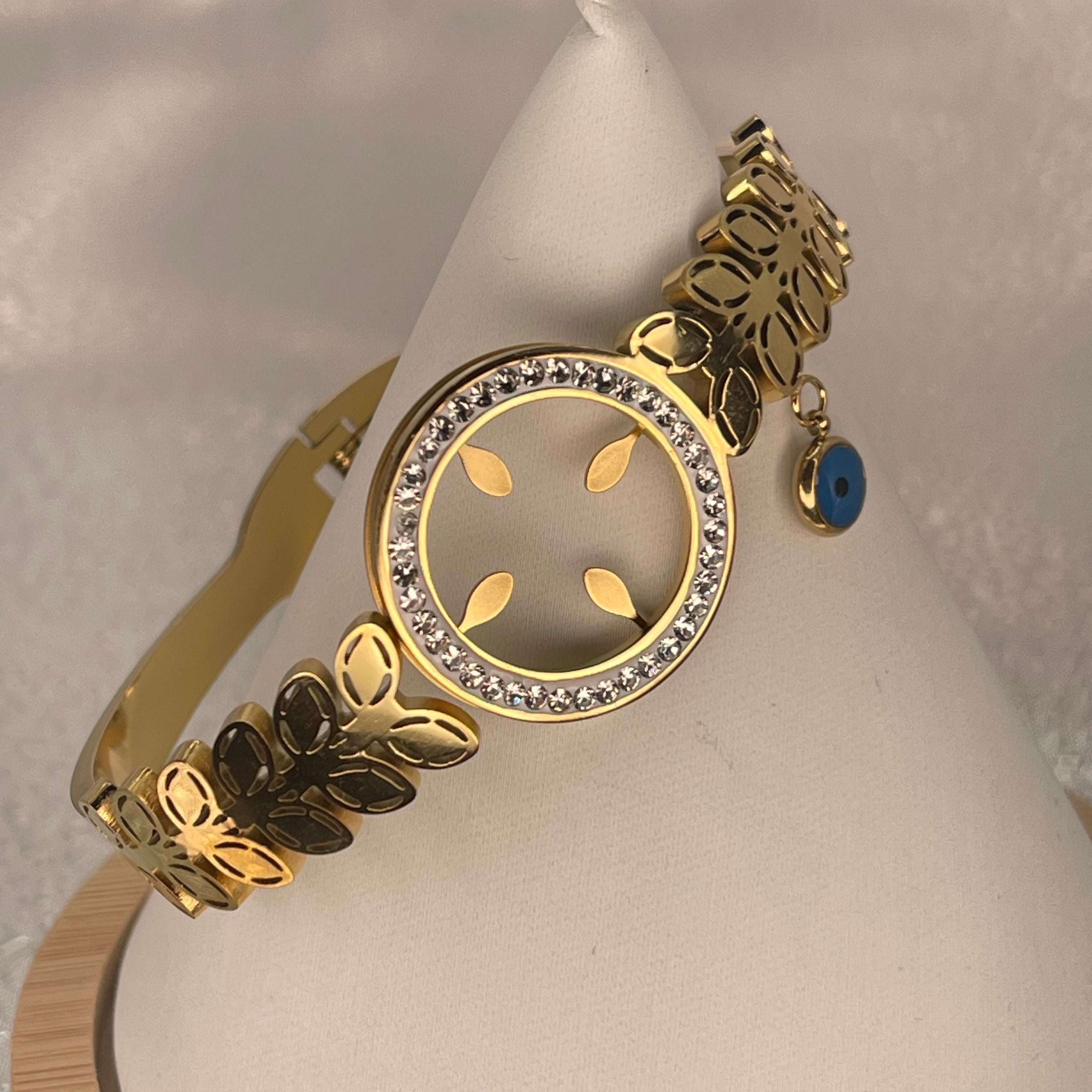 Stainless Steel Gold Bracelet – Leaf & Eye Charm Design