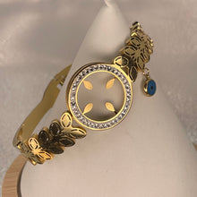 Load image into Gallery viewer, Stainless Steel Gold Bracelet – Leaf &amp; Eye Charm Design
