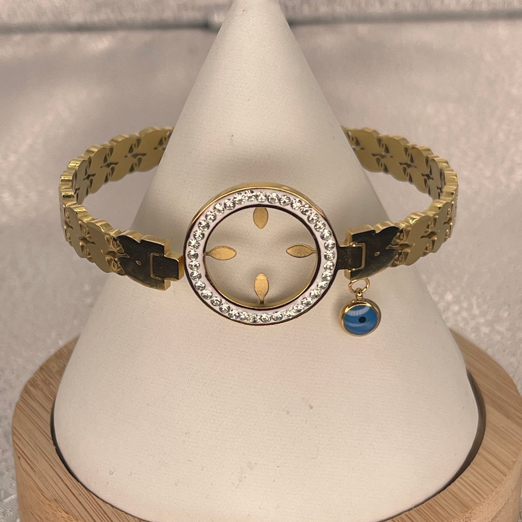 Stainless Steel Gold Bracelet – Floral Eye & Link Design