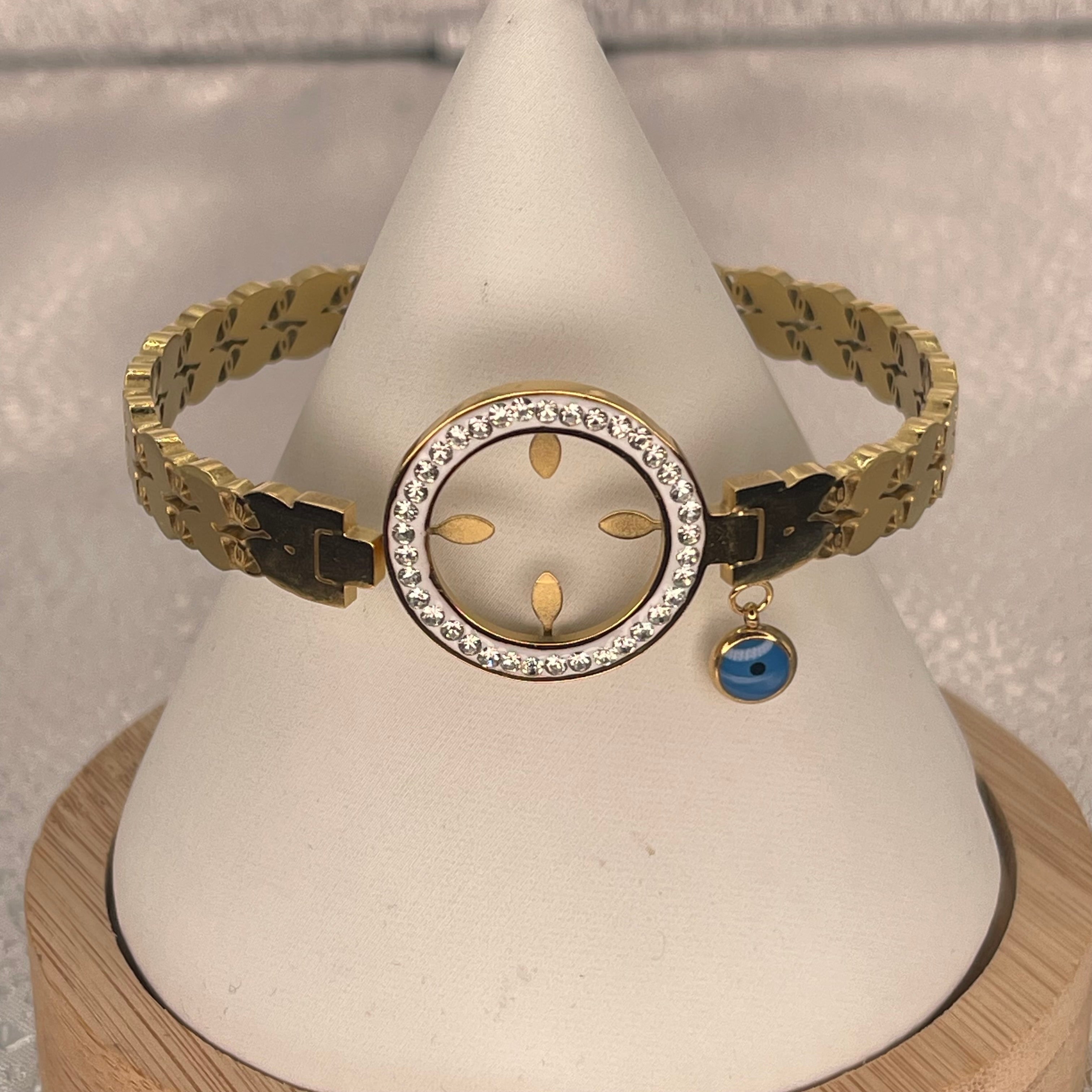 Stainless Steel Gold Bracelet – Floral Eye & Link Design