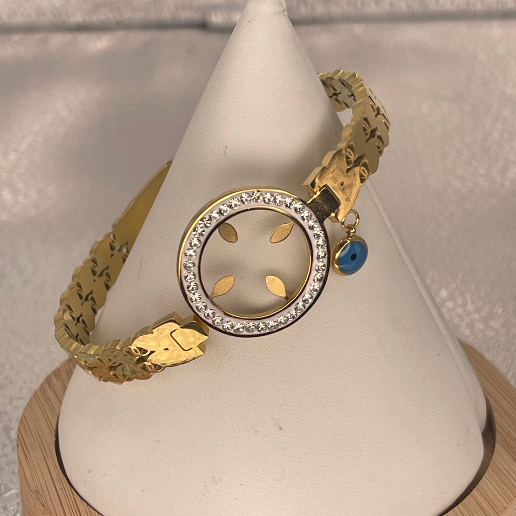 Stainless Steel Gold Bracelet – Floral Eye & Link Design