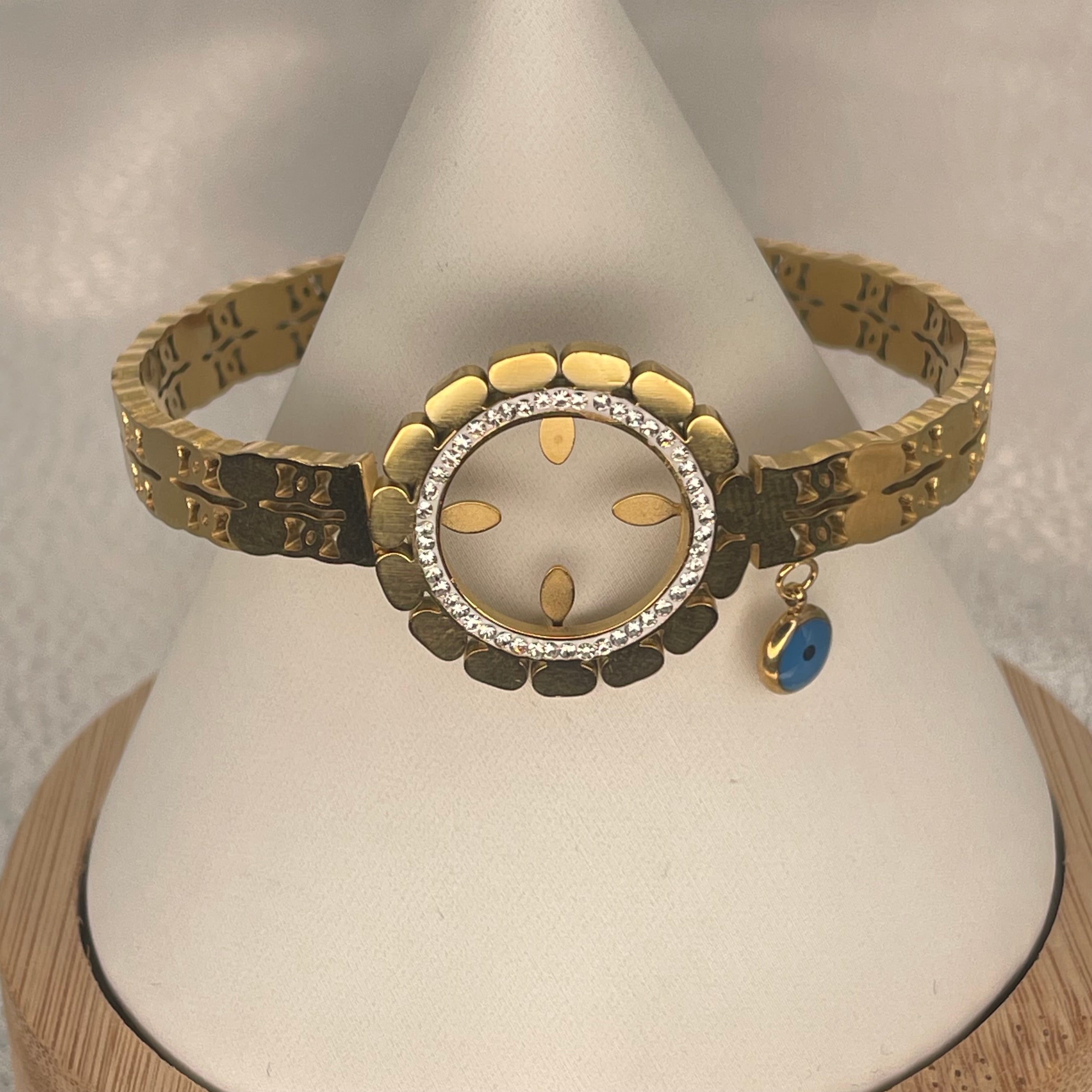 Stainless Steel Gold Bracelet – Floral Eye Charm Accent