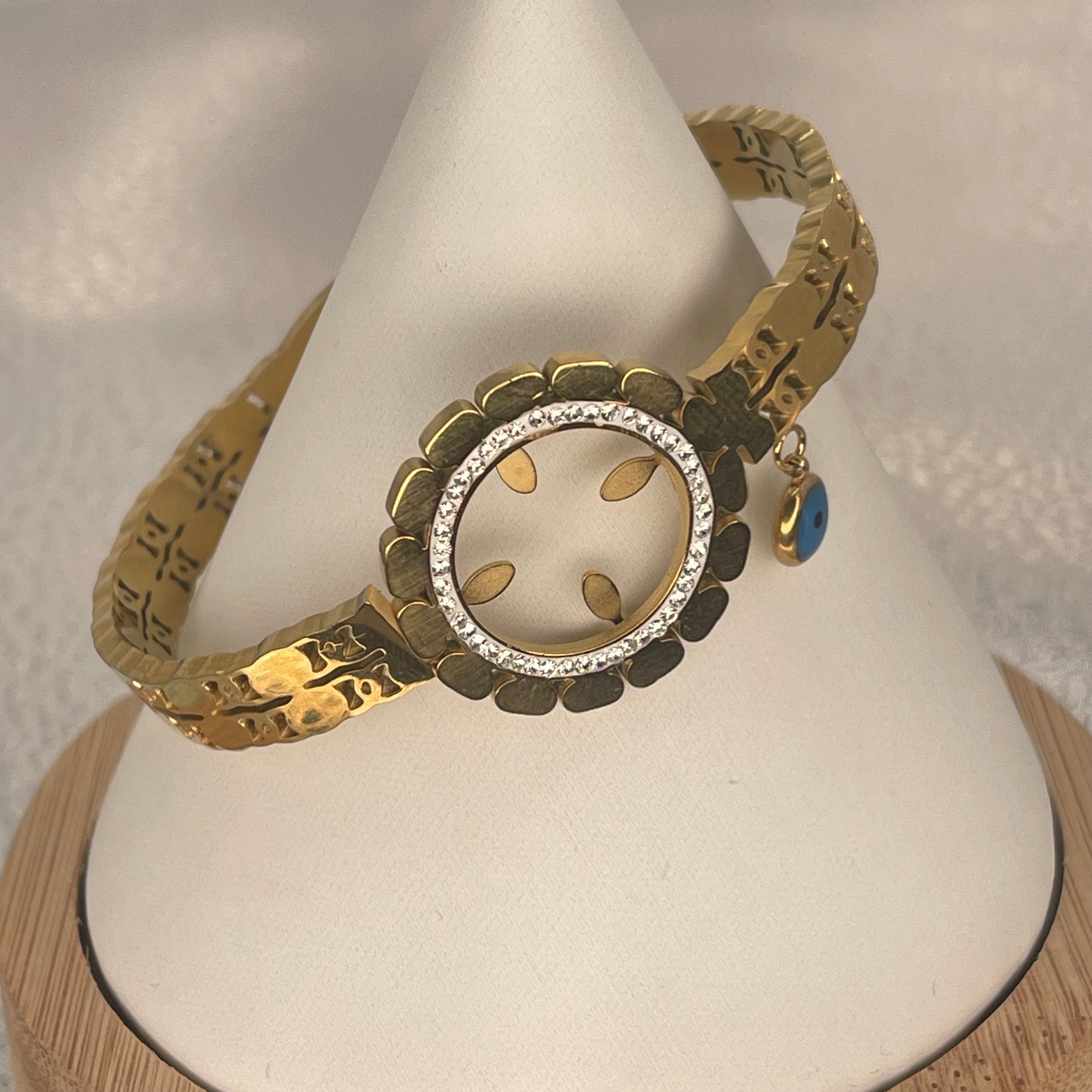 Stainless Steel Gold Bracelet – Floral Eye Charm Accent