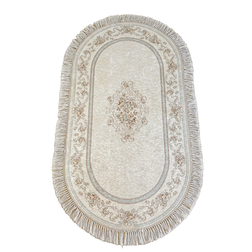 Oval Blue Design Lateks Water Resistant Washable Tassel Area Rug