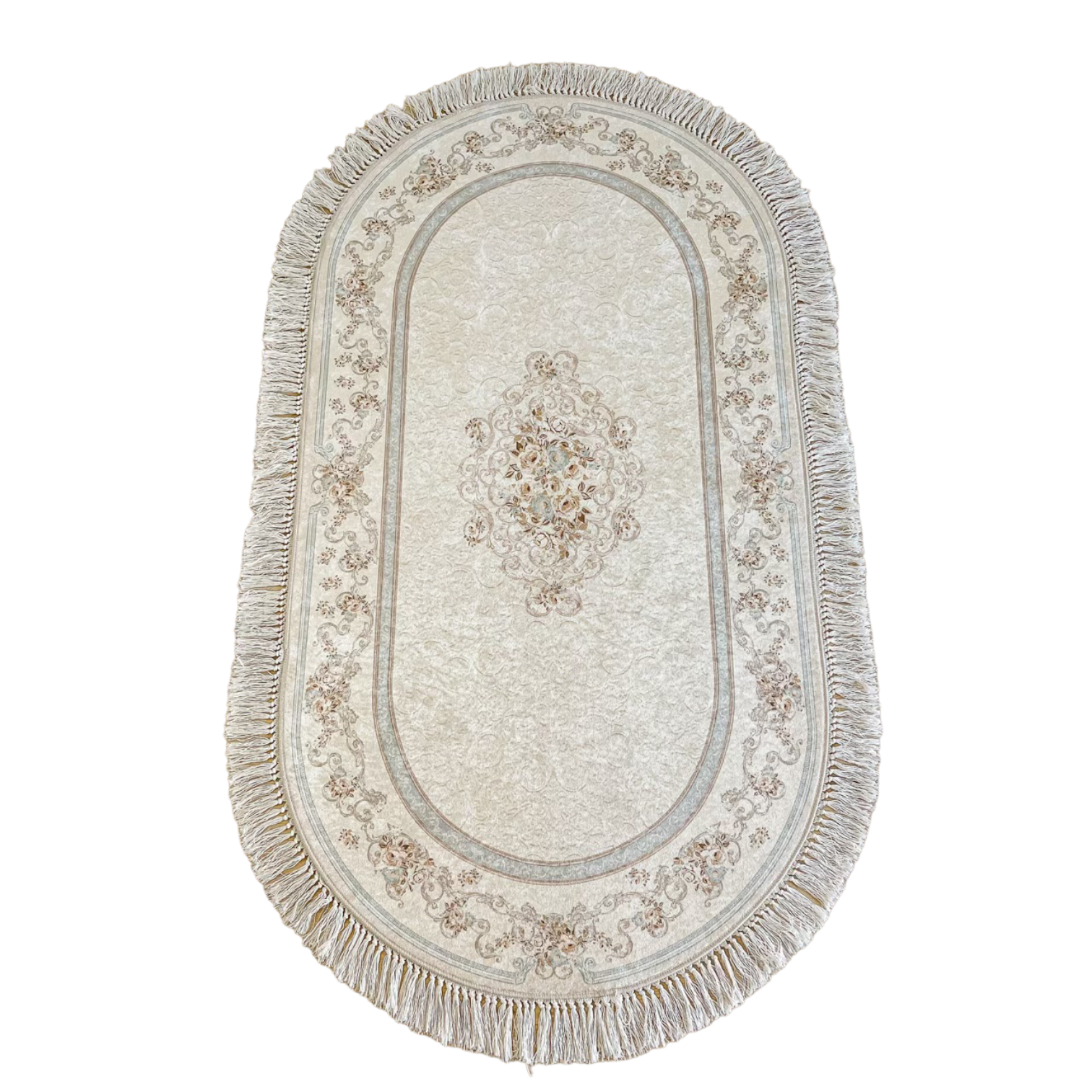 Oval Blue Design Lateks Water Resistant Washable Tassel Area Rug