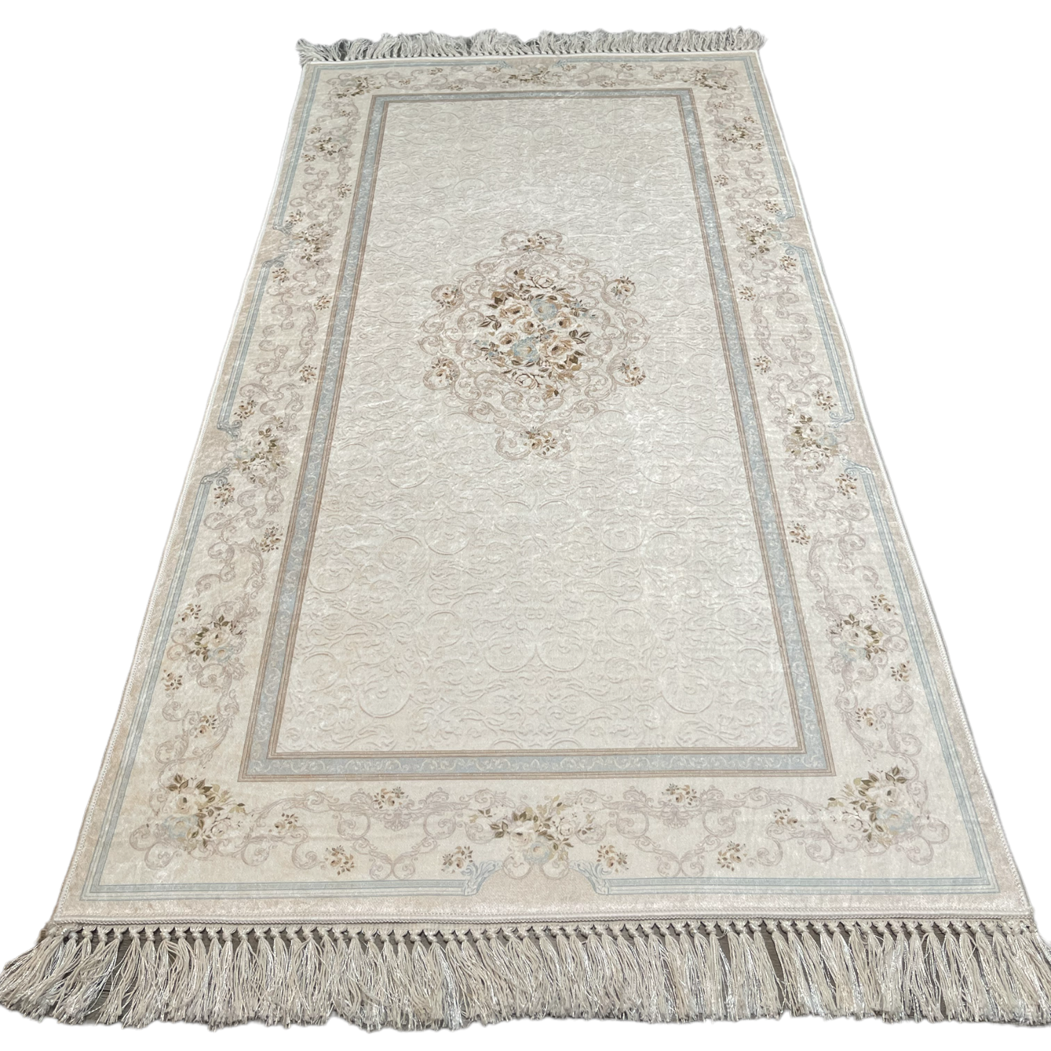 Blue Design Rectangle Lateks Water Resistant Washable Tassel Area Rug
