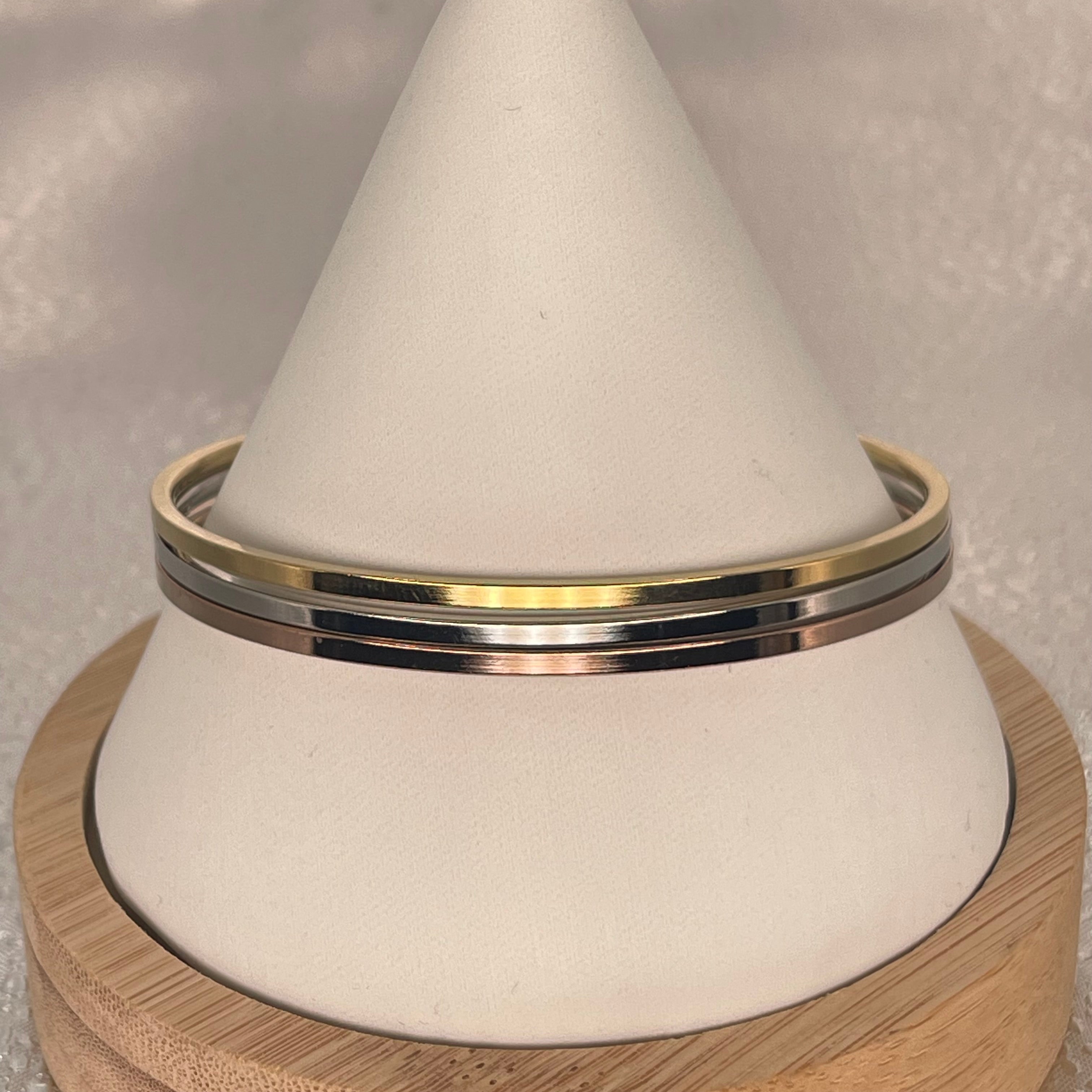 Stainless Steel Bangle Set – Gold, Silver & Rose (3pcs)