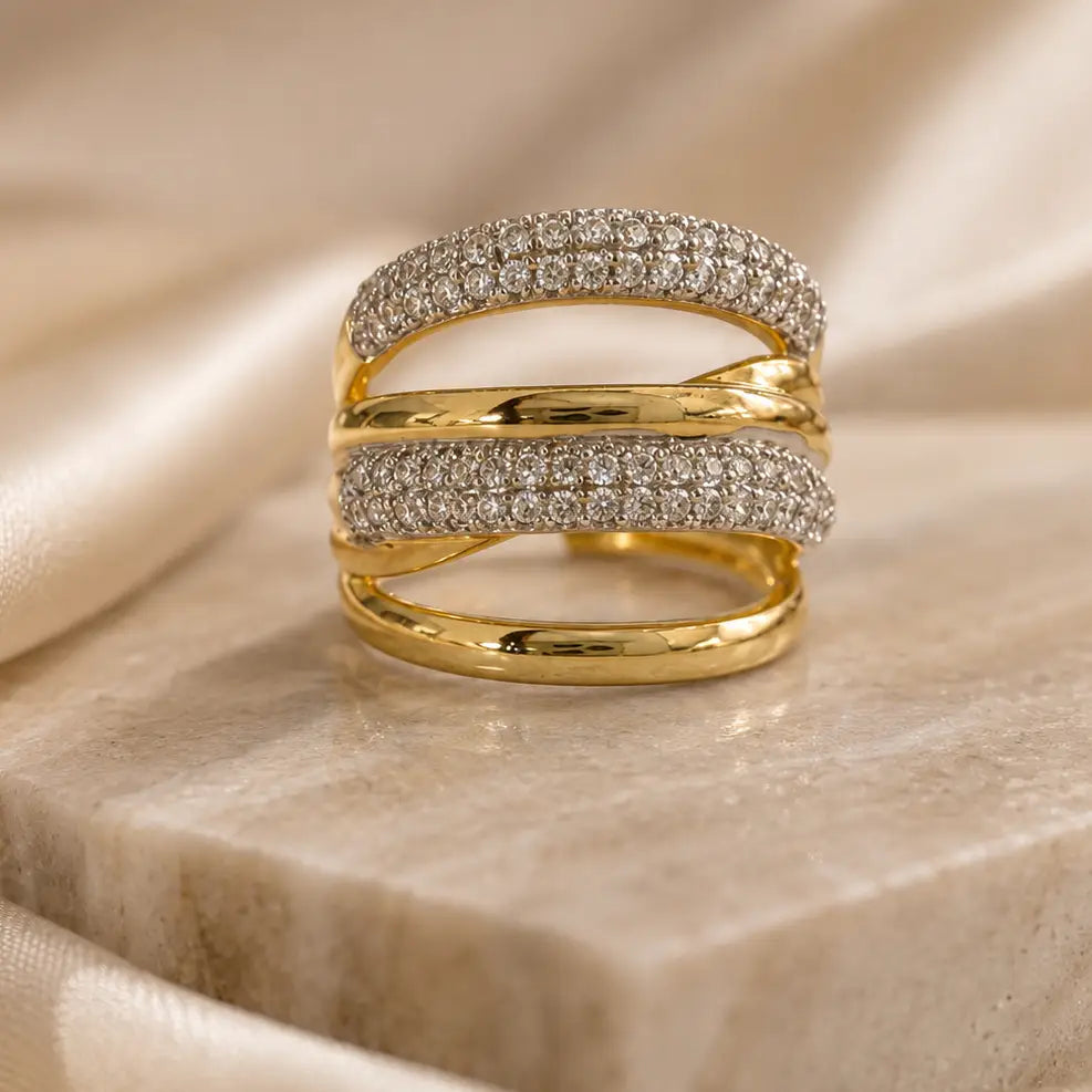 Multi-Stone Golden Adjustable Ring – Criss Cross Design