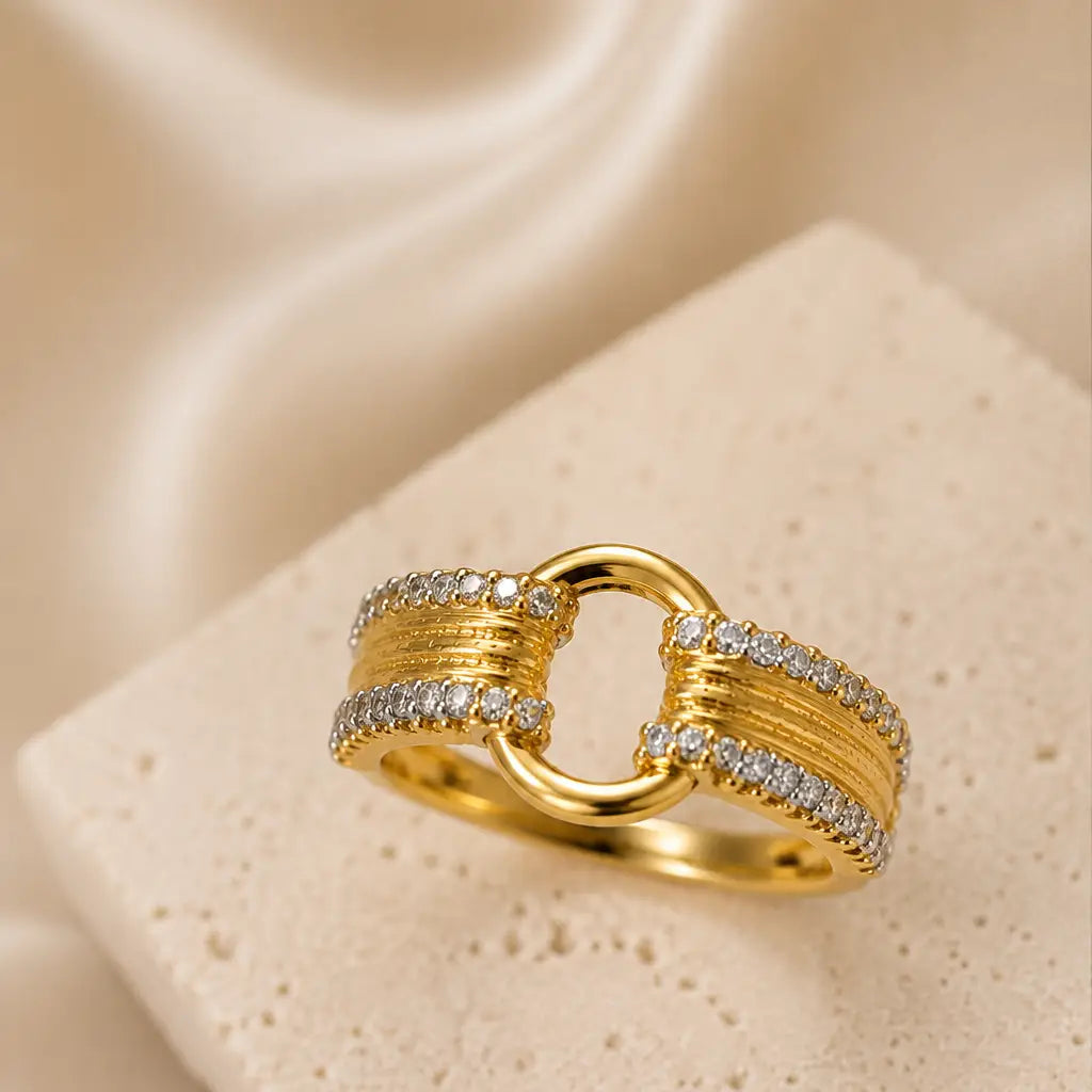 Multi-Stone Golden Adjustable Ring – Criss Cross Design