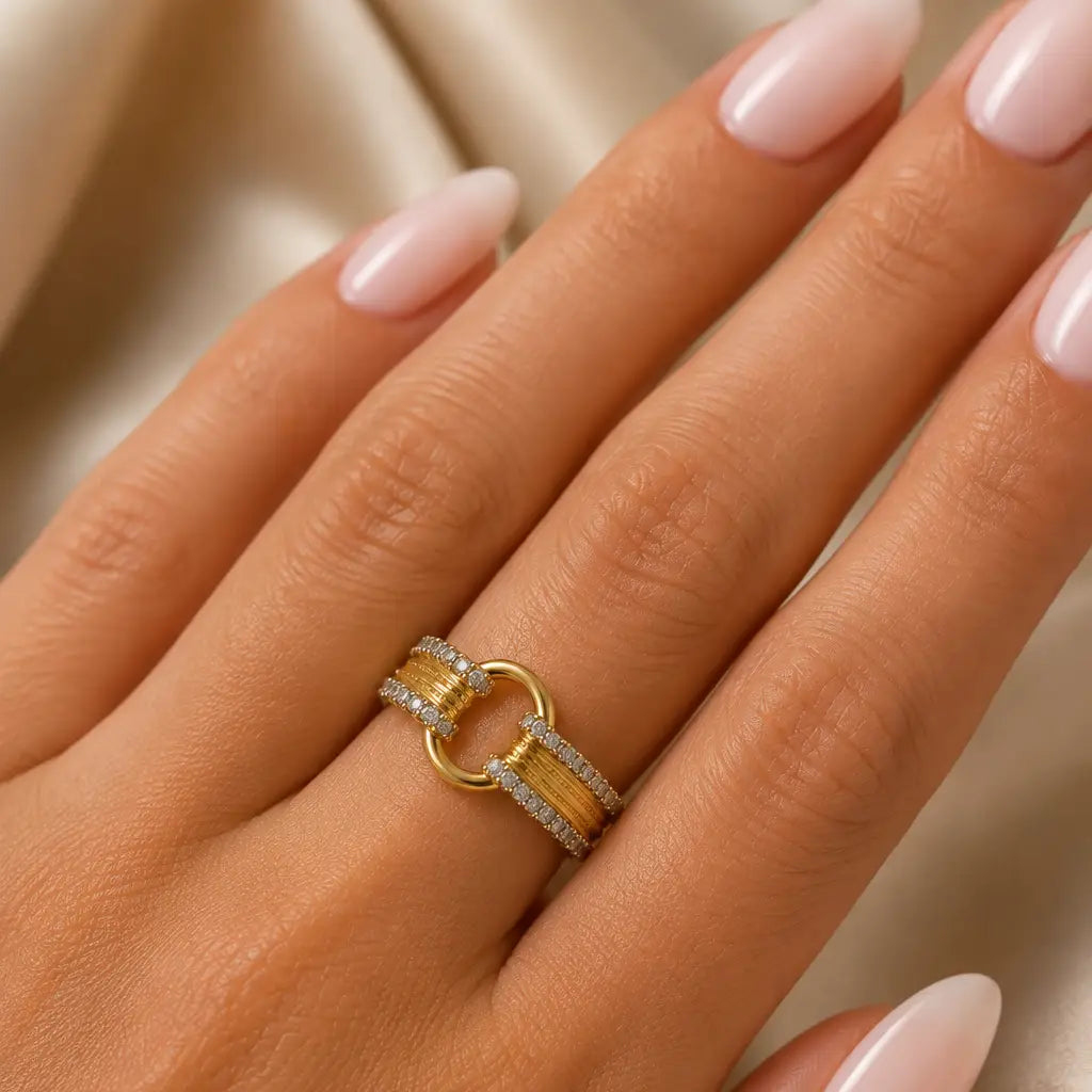 Multi-Stone Golden Adjustable Ring – Criss Cross Design