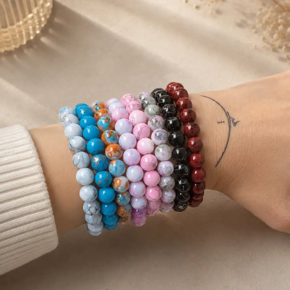 Beaded Stretch Bracelets – Pink & Marble, Assorted