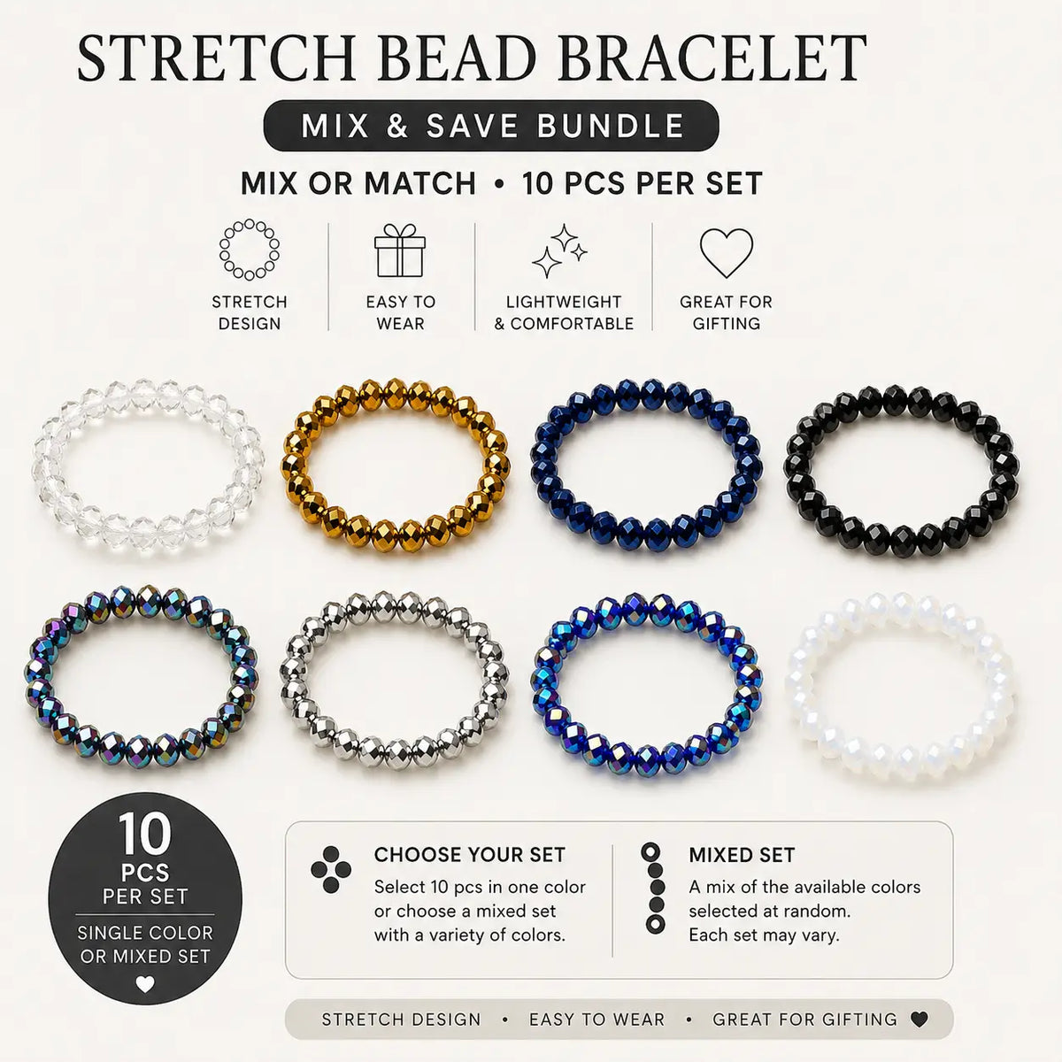 Stretch Bracelet Set 10 PCS Single Color or Mixed Set
