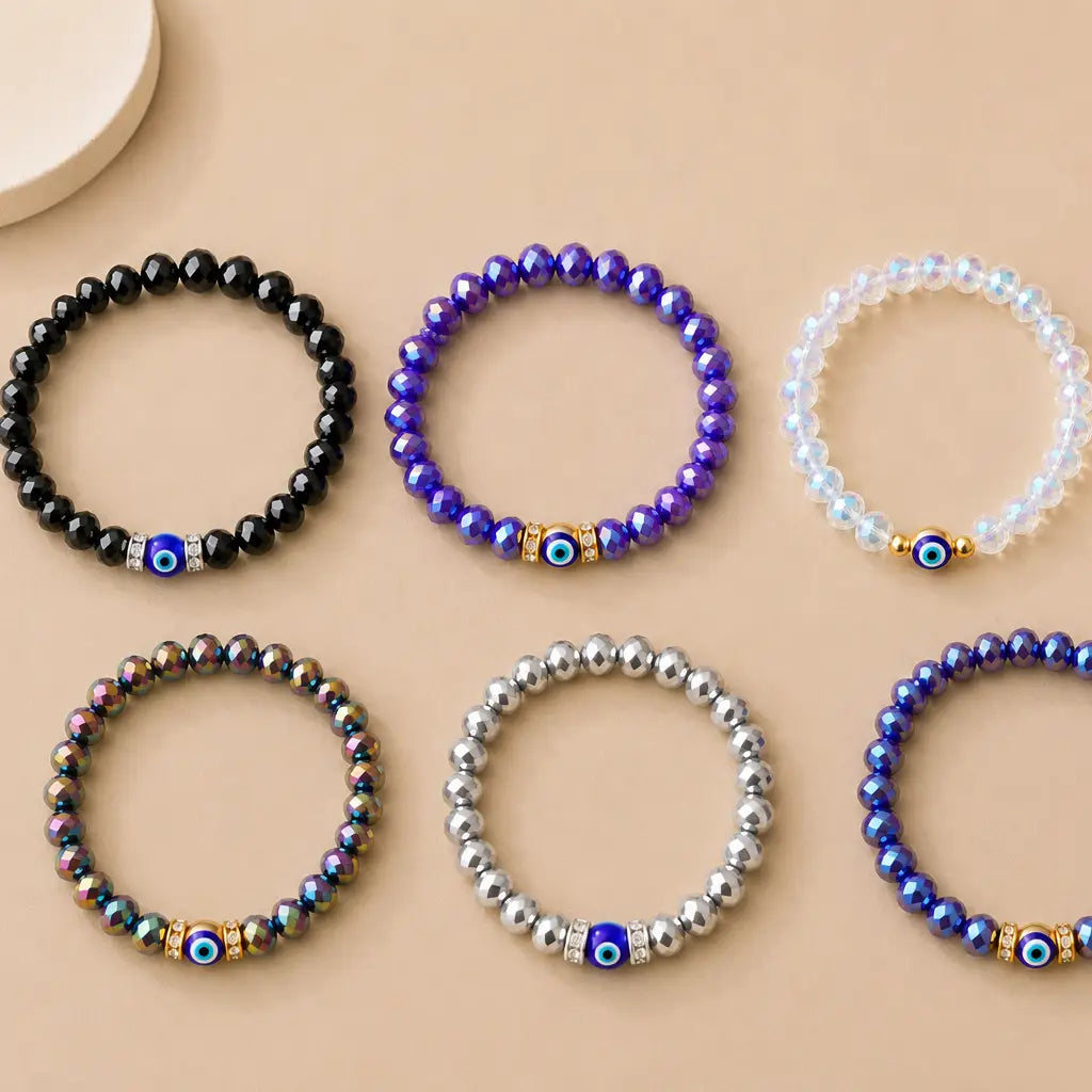 Faceted Evil Eye Stretch Bracelet – Set of 10